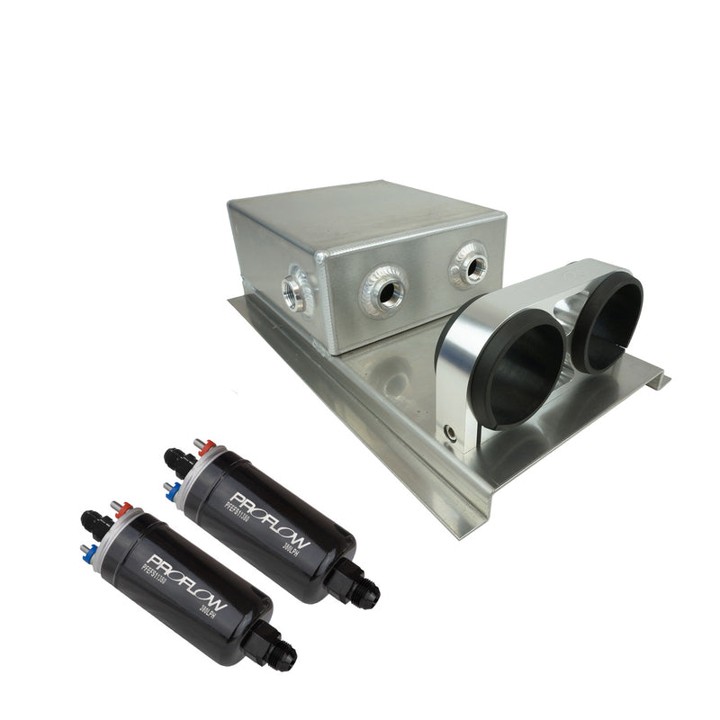 Proflow PFEST12 Fuel Surge Tank & Pump Kit Fabricated Aluminium Undercar 2 x 044 Pump 80mm x 200mm x 180mm 2.5L AN Fitting Kit Polished