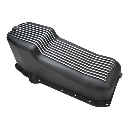 RTS RTS-25-8442BK Oil Pan Cast Aluminum Machined Finned Black 4 qt 1958-79 SB Chev L/H Side Dip Stick 2 Piece Rear Main,