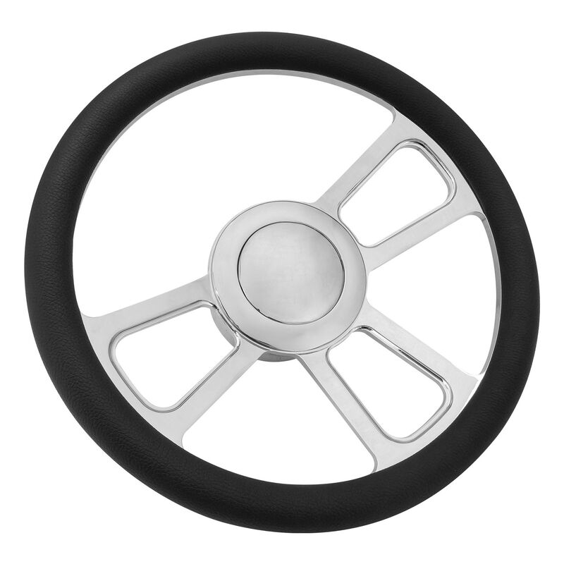 Proflow PFESTW-KIT2 Billet 3 Slot Straight Spoke Steering Wheel,14'' Chrome/Black Leather Universal Fit Steering Wheel ,Adaptor Horn Button 2 inch Dish Kit