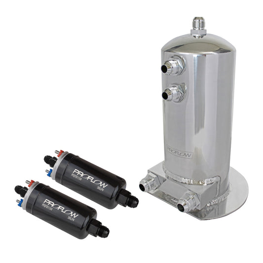 Proflow PFEST10 Fuel Surge Tank & Pump Kit Fabricated Aluminium 254mm x 108mm round 2.5L 2 x 044 style pumps and AN Fitting Kit Show Polished