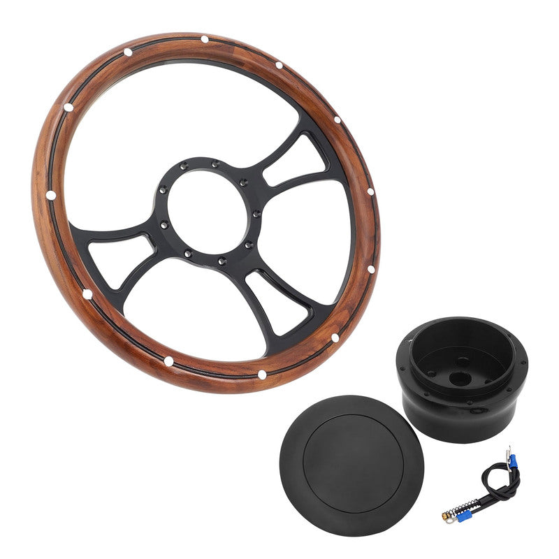 Proflow PFESTW-KIT5-BK Billet 3 Slot Steering Wheel 14'' Wood Rim Black Spoke Universal Fit Steering Wheel ,Adaptor Horn Button 2 inch Dish Kit