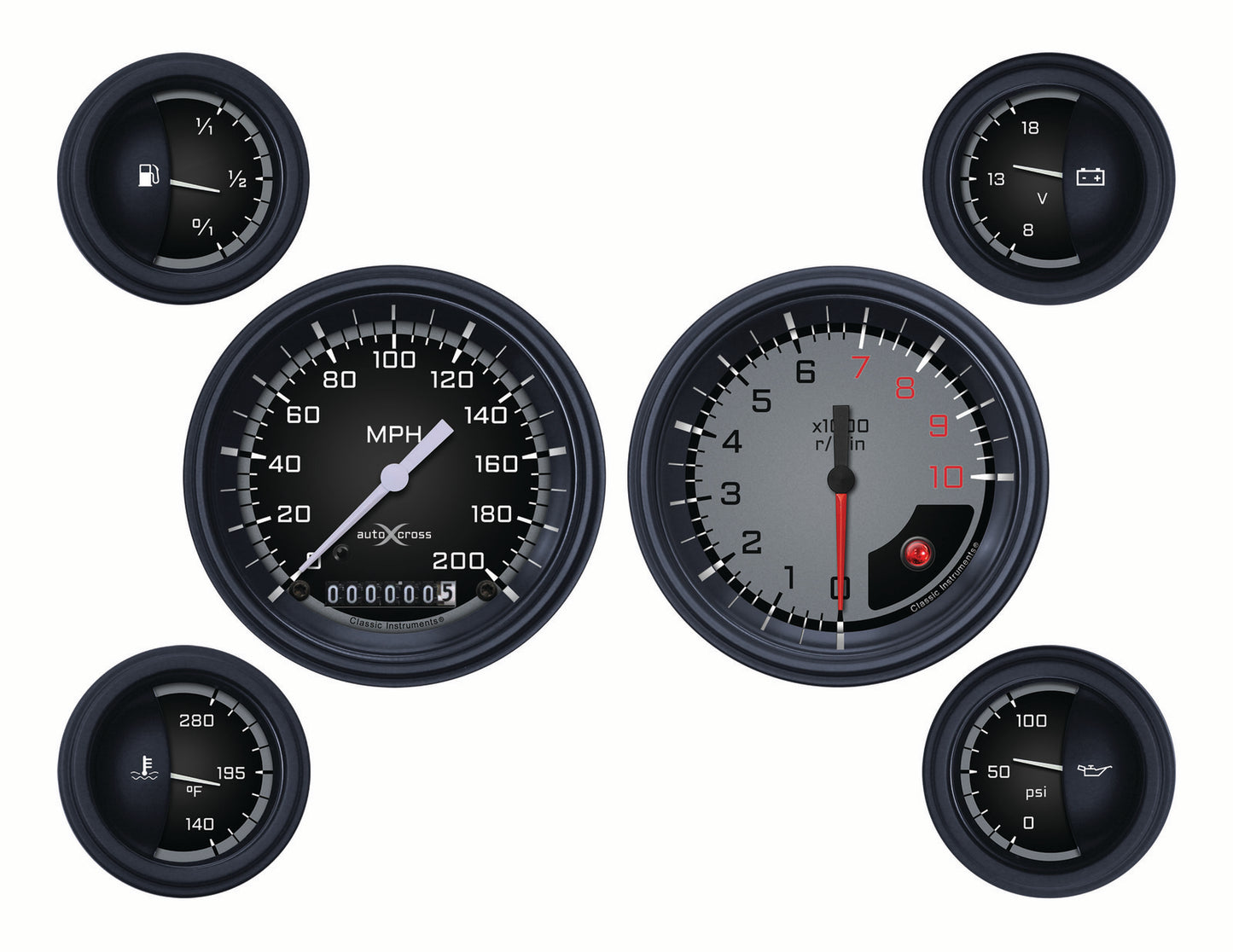 Classic Instruments AX01GBLF Autocross Grey - 6 Gauge Set 3-3/8" Speedo & Tacho, 2-1/18" Fuel, Oil, Temp, Volts