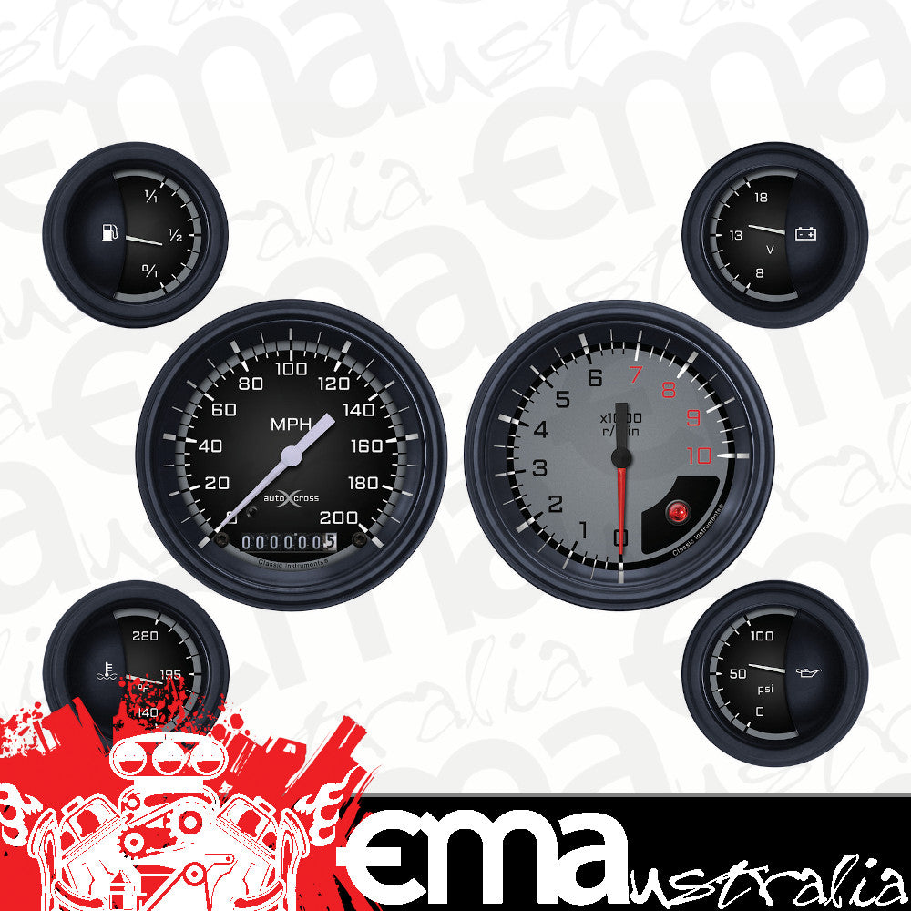 Classic Instruments AX01GBLF Autocross Grey - 6 Gauge Set 3-3/8" Speedo & Tacho, 2-1/18" Fuel, Oil, Temp, Volts