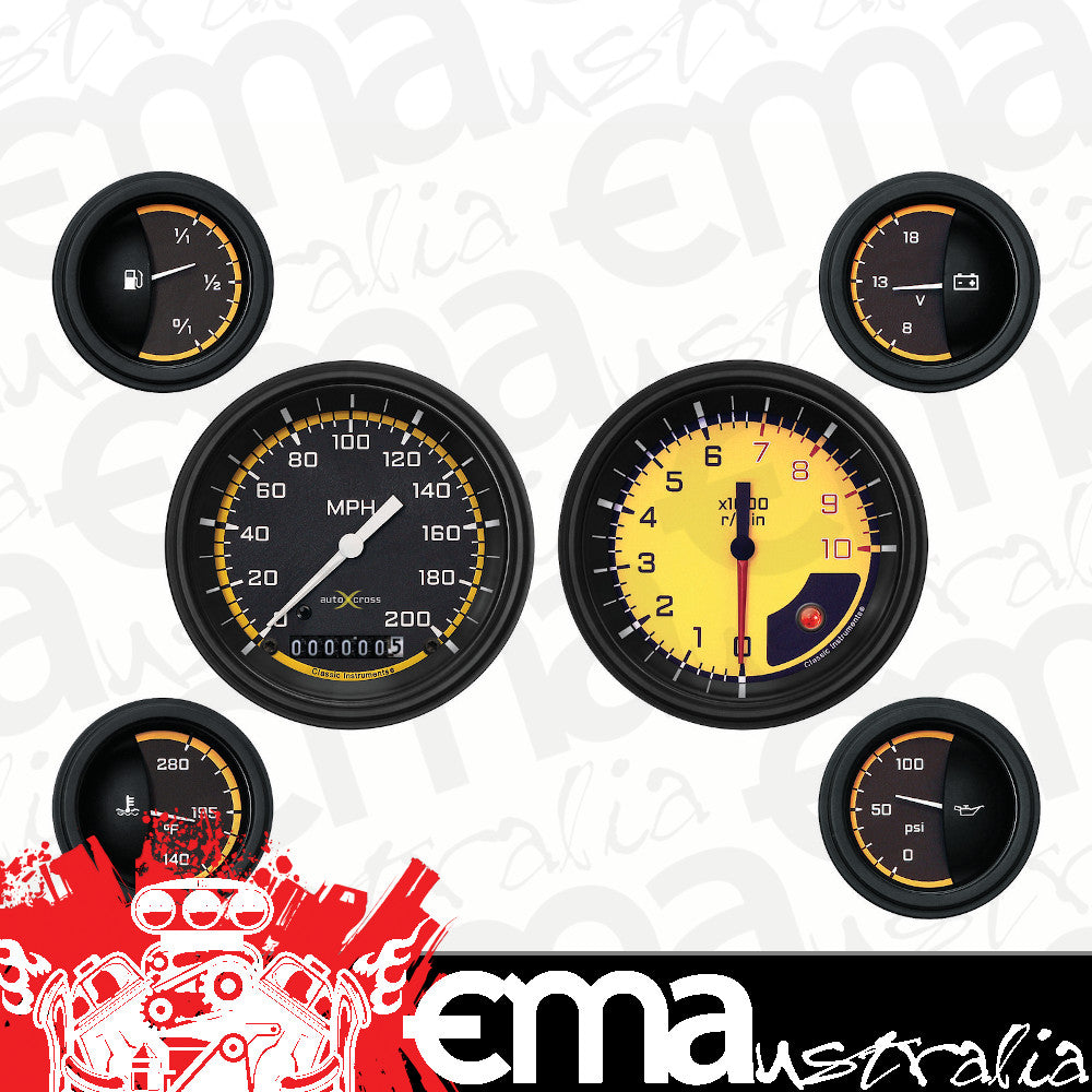 Classic Instruments AX01YBLF Autocross Yellow - 6 Gauge Set 3-3/8" Speedo & Tacho, 2-1/18" Fuel, Oil, Temp, Volts
