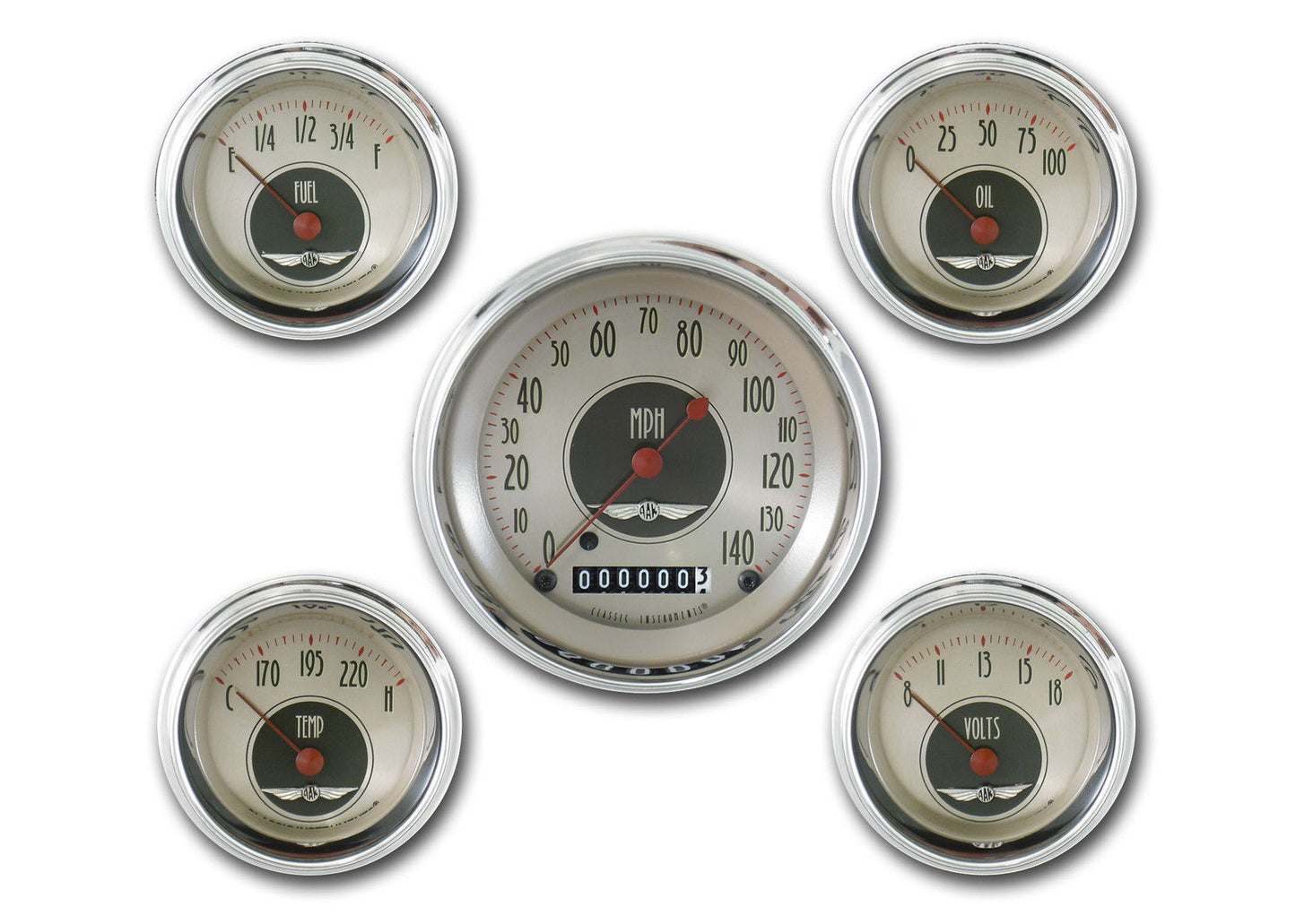 Classic Instruments CIAN00SHC American Nickel - 5 Gauge Set 3-3/8" Speedo, 2-1/18" Fuel, Oil, Temp, Volts