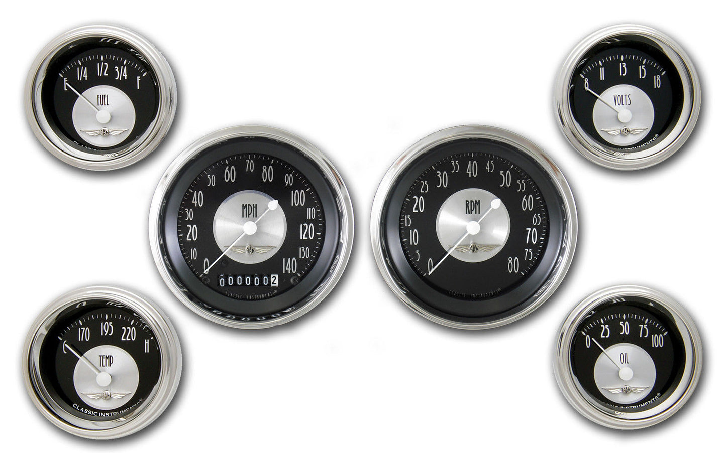 Classic Instruments | CIAT01SHC | American Tradition - 6 Gauge Set 3-3/8" Speedo & Tacho, 2-1/18" Fuel, Oil, Temp, Volts