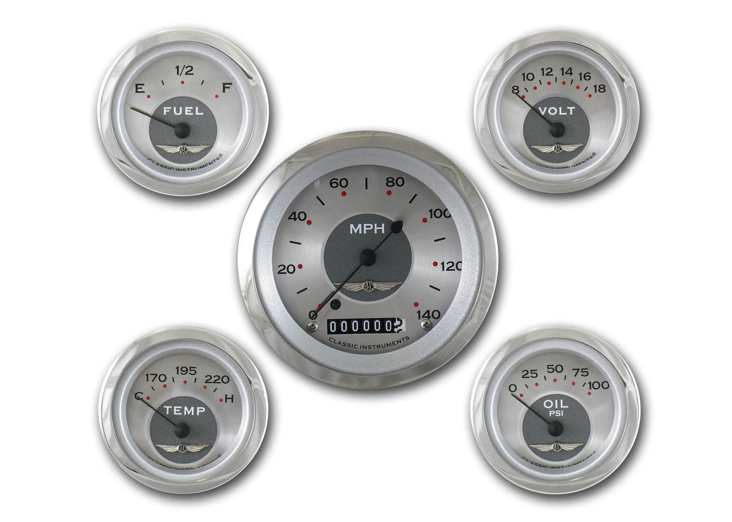 Classic Instruments | CIAW00SRC | CIAW00SHC All - American - 5 Gauge Set 3-3/8" Speedo, 2-1/18" Fuel, Oil, Temp, Volts