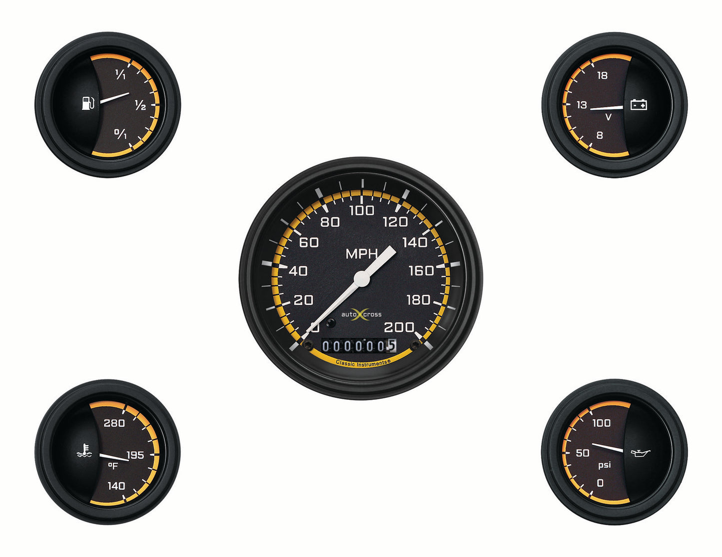 Classic Instruments CIAX00YBLF Autocross Yellow - 5 Gauge Set 3-3/8" Speedo, 2-1/18" Fuel, Oil, Temp, Volts