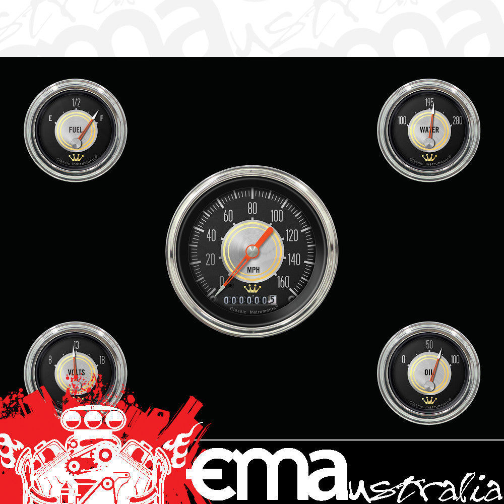 Classic Instruments CIHH00SLC Hollywood Hot Rod - 5 Gauge Set 3-3/8" Speedo, 2-1/18" Fuel, Oil, Temp, Volts