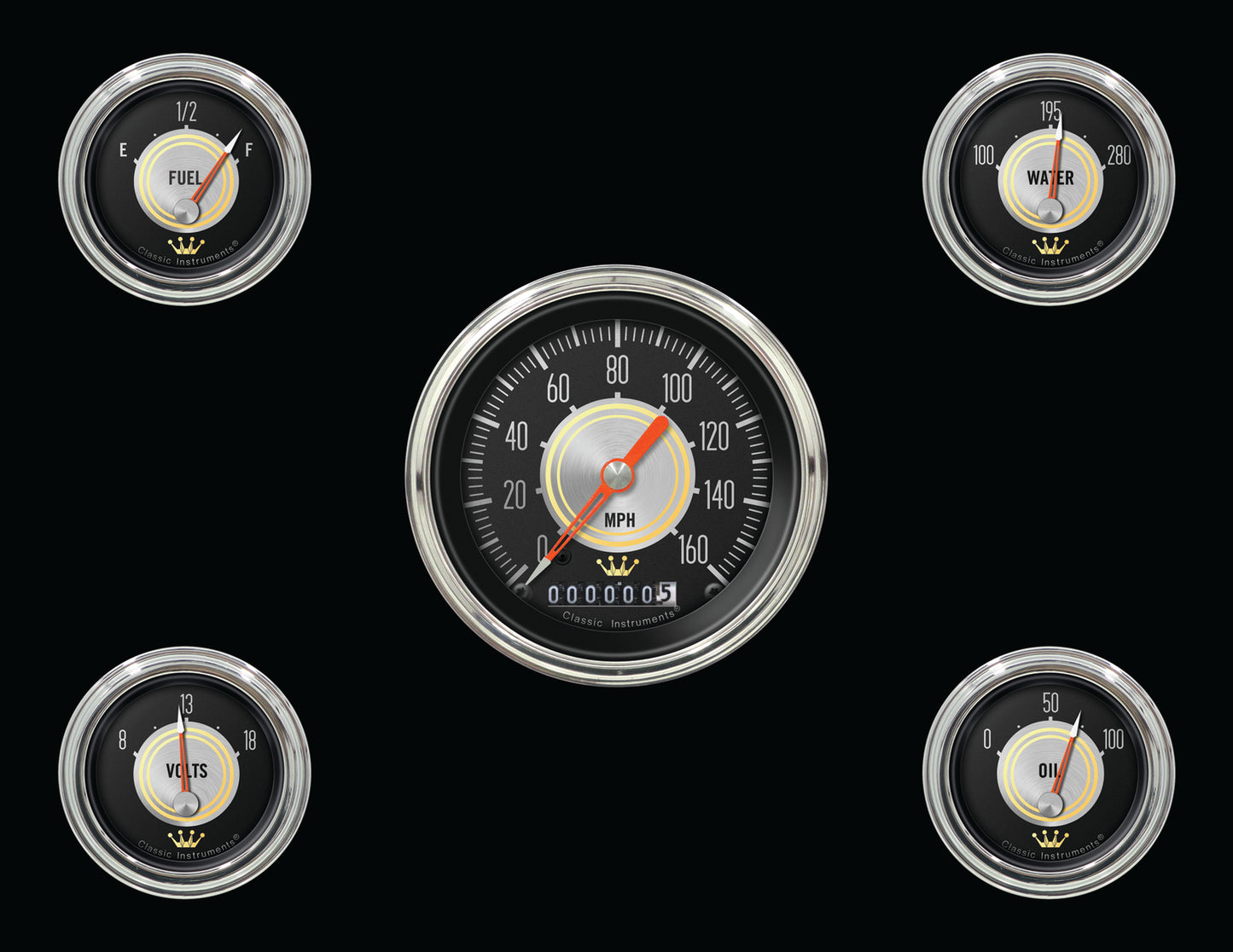 Classic Instruments CIHH00SLC Hollywood Hot Rod - 5 Gauge Set 3-3/8" Speedo, 2-1/18" Fuel, Oil, Temp, Volts