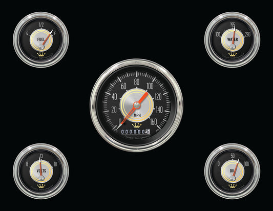 Classic Instruments CIHH00SLC Hollywood Hot Rod - 5 Gauge Set 3-3/8" Speedo, 2-1/18" Fuel, Oil, Temp, Volts