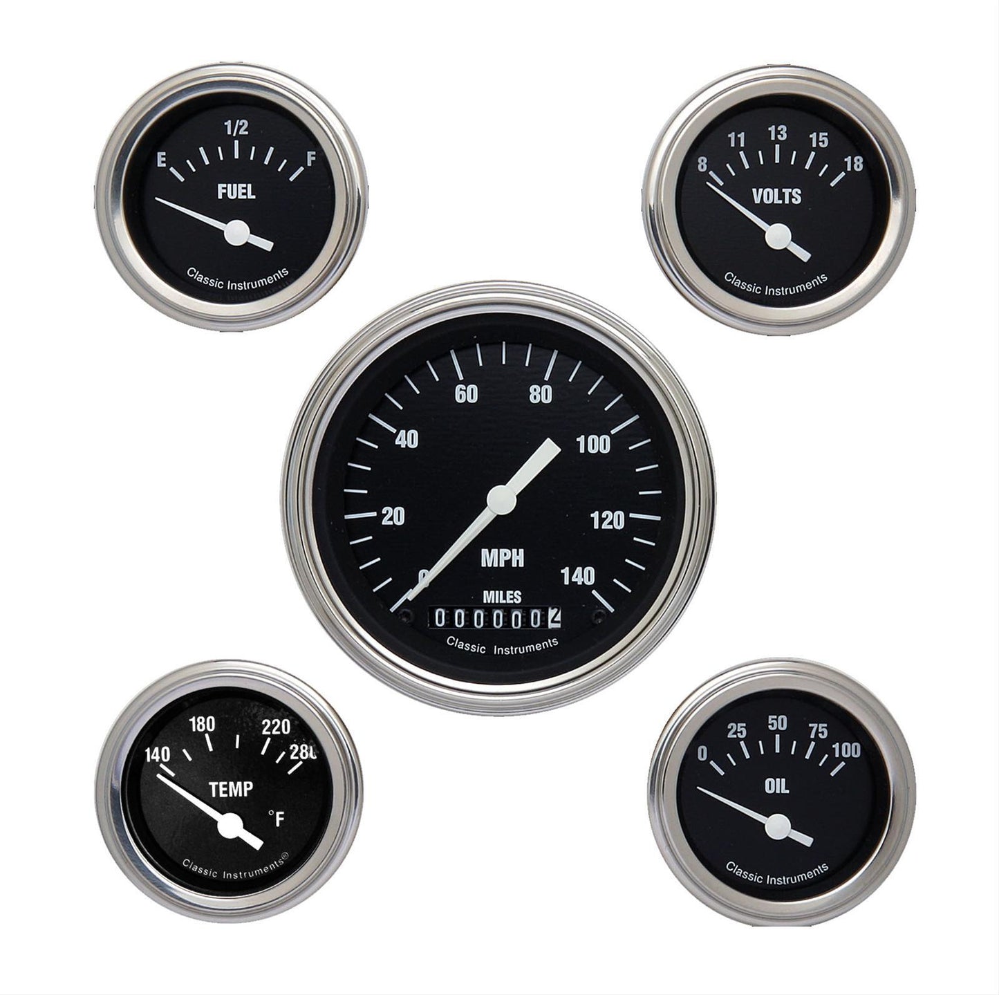 Classic Instruments CIHR00SLC Classic Black Hotrod - 5 Gauge Set 3-3/8" Speedo, 2-1/18" Fuel, Oil, Temp, Volts