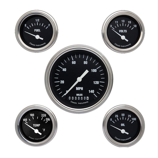 Classic Instruments CIHR00SLC Classic Black Hotrod - 5 Gauge Set 3-3/8" Speedo, 2-1/18" Fuel, Oil, Temp, Volts