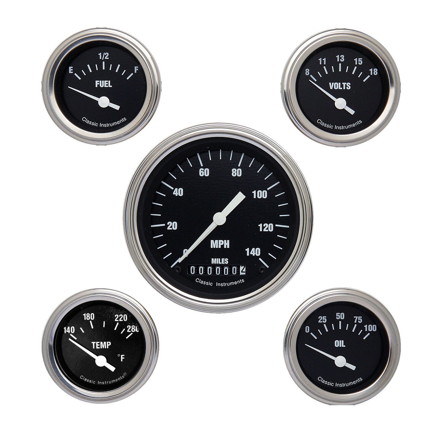 Classic Instruments CIHR00SLF Hot Rod - 5 Gauge Set 3-3/8" Speedo, 2-1/18" Fuel, Oil, Temp, Volts