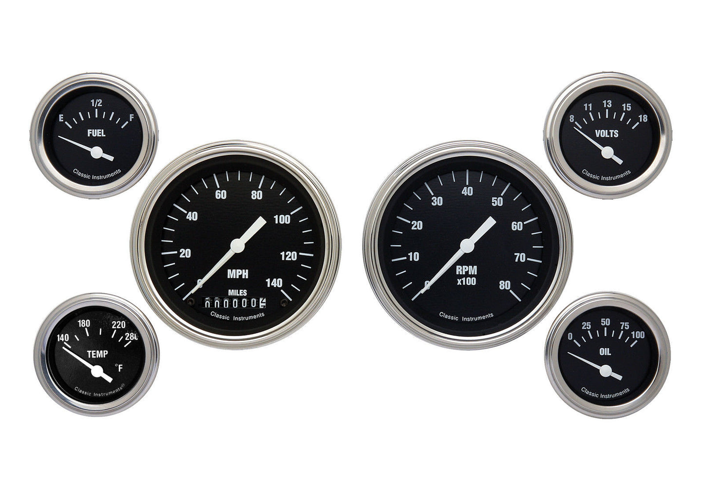 Classic Instruments CIHR01SLF Hot Rod - 6 Gauge Set 3-3/8" Speedo & Tacho, 2-1/18" Fuel, Oil, Temp, Volts