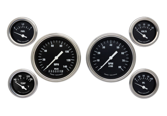 Classic Instruments CIHR01SLF Hot Rod - 6 Gauge Set 3-3/8" Speedo & Tacho, 2-1/18" Fuel, Oil, Temp, Volts