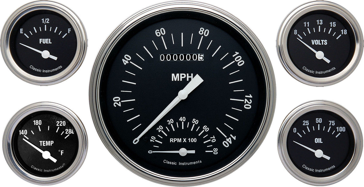 Classic Instruments CIHR65SLF Hot Rod - 5 Gauge Set 4-5/8" Speedtachular & 2-1/8" Fuel, Oil, Temp, Volts