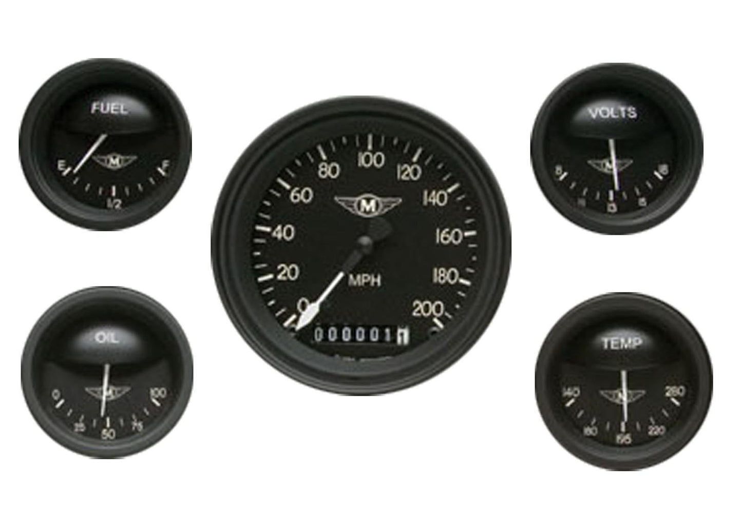 Classic Instruments CIMA00BLF Moal Bomber - 5 Gauge Set 3-3/8" Speedo, 2-1/18" Fuel, Oil, Temp, Volts