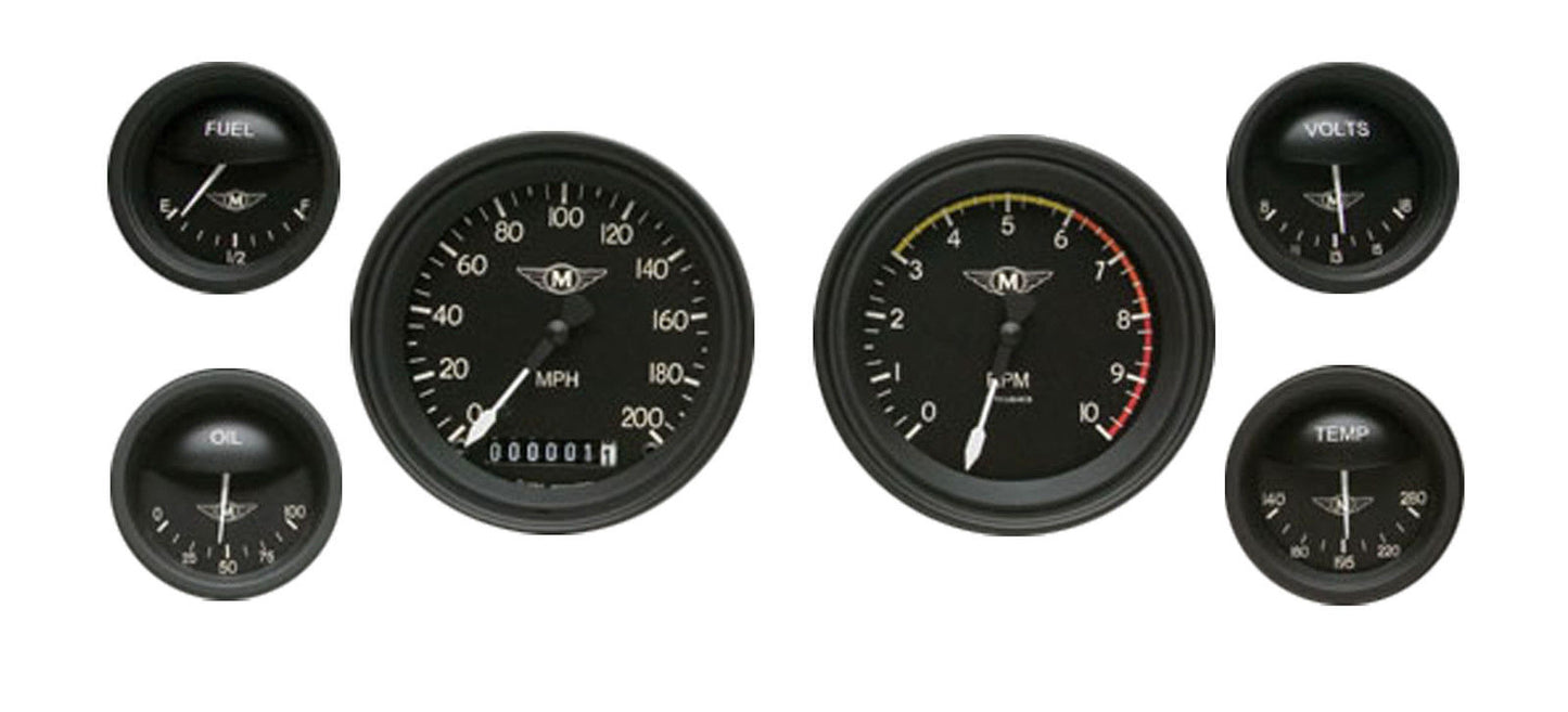Classic Instruments CIMA01BLF Moal Bomber - 6 Gauge Set 3-3/8" Speedo & Tacho, 2-1/18" Fuel, Oil, Temp, Volts