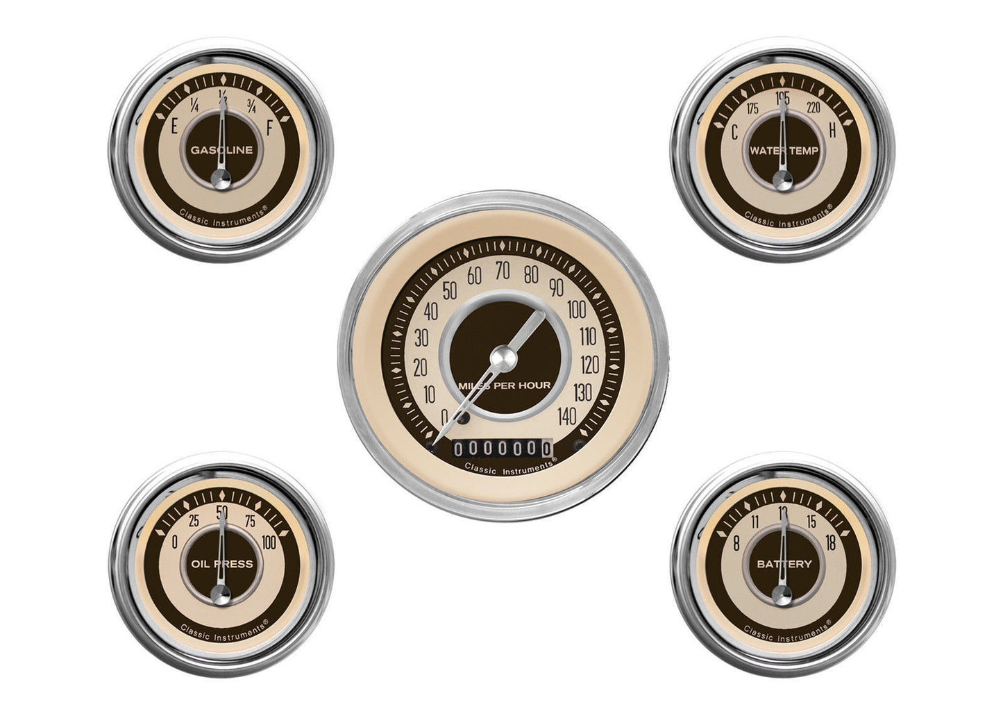 Classic Instruments CINT00SHC Nostalgia VT - 5 Gauge Set 3-3/8" Speedo, 2-1/18" Fuel, Oil, Temp, Volts