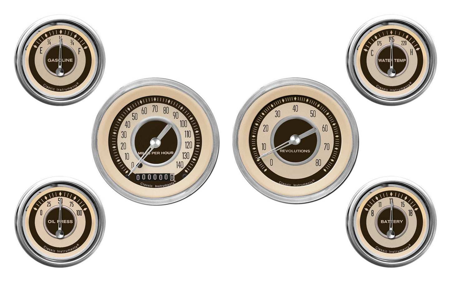 Classic Instruments CINT01SHC Nostalgia VT - 6 Gauge Set 3-3/8" Speedo & Tacho, 2-1/18" Fuel, Oil, Temp, Volts