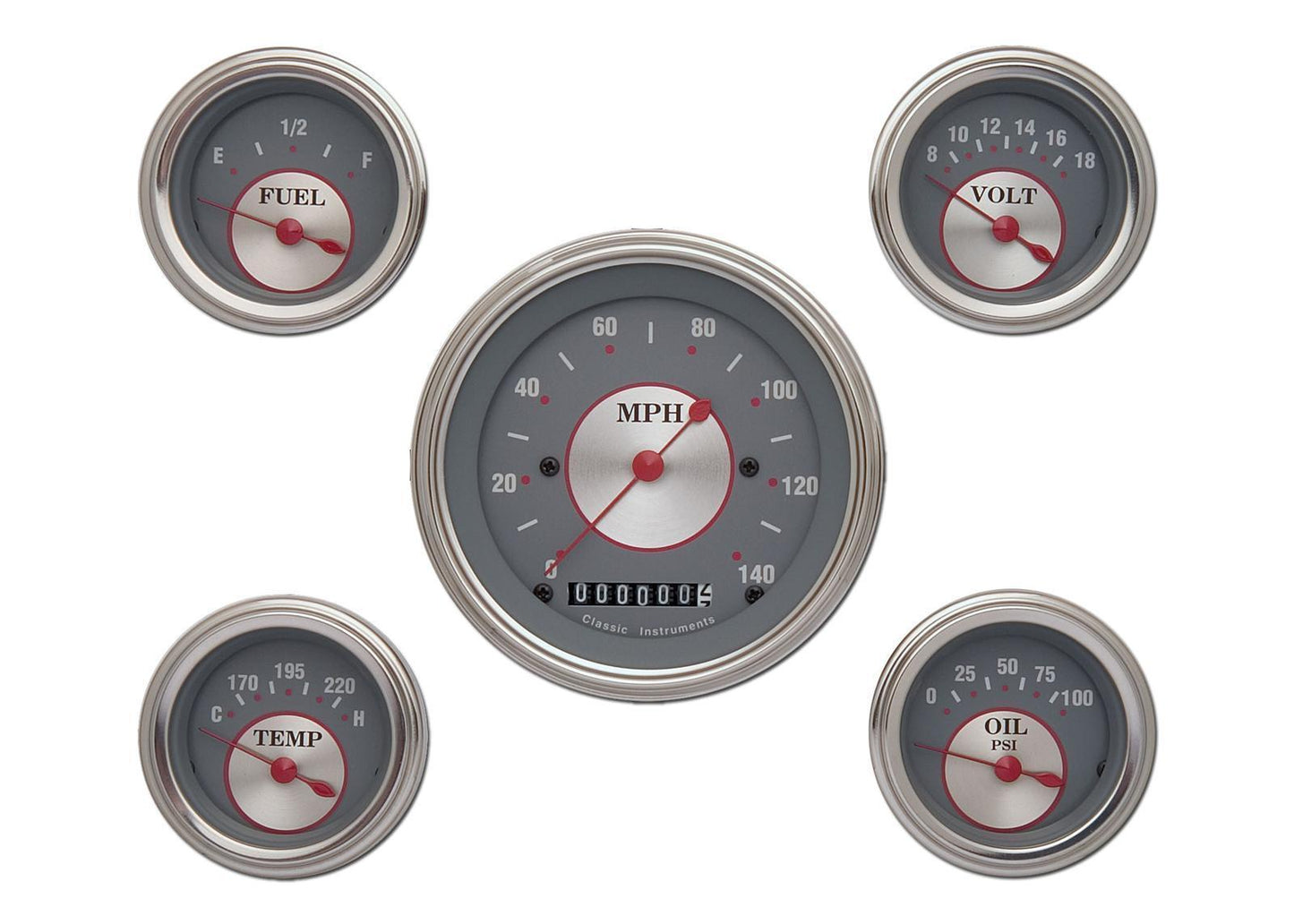 Classic Instruments | CISS00SLC | Silver - 5 Gauge Set 3-3/8" Speedo, 2-1/18" Fuel, Oil, Temp, Volts