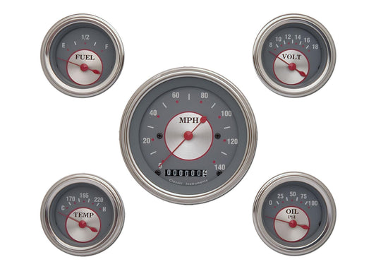 Classic Instruments CISS00SLC Silver - 5 Gauge Set 3-3/8" Speedo, 2-1/18" Fuel, Oil, Temp, Volts