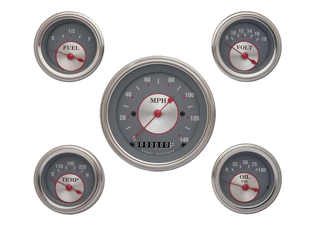 Classic Instruments CISS00SLC Silver - 5 Gauge Set 3-3/8" Speedo, 2-1/18" Fuel, Oil, Temp, Volts
