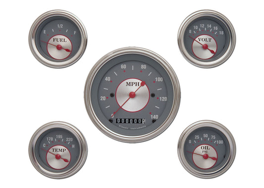 Classic Instruments SS00SLF Silver - 5 Gauge Set 3-3/8" Speedo, 2-1/18" Fuel, Oil, Temp, Volts