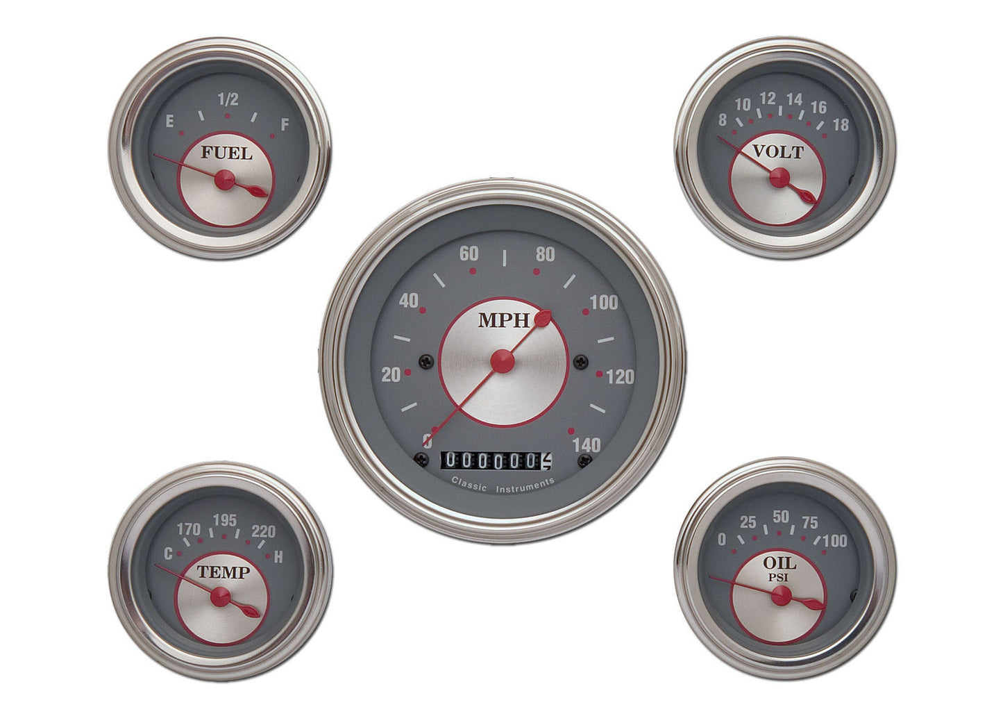 Classic Instruments SS00SLF Silver - 5 Gauge Set 3-3/8" Speedo, 2-1/18" Fuel, Oil, Temp, Volts
