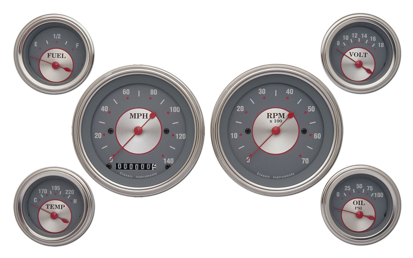 Classic Instruments CISS01SLF Silver - 6 Gauge Set 3-3/8" Speedo & Tacho, 2-1/18" Fuel, Oil, Temp, Volts