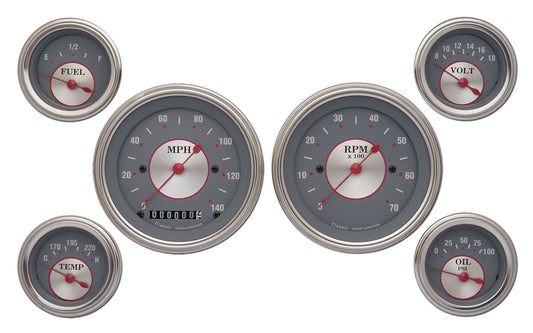 Classic Instruments CISS01SLF Silver - 6 Gauge Set 3-3/8" Speedo & Tacho, 2-1/18" Fuel, Oil, Temp, Volts
