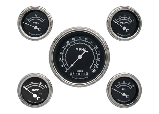 CLASSIC INSTRUMENTS TRADITIONAL BLACK - 5 Gauge Set 3-3/8" Speedo, 2-1/18" Fuel, Oil, Temp, Volts