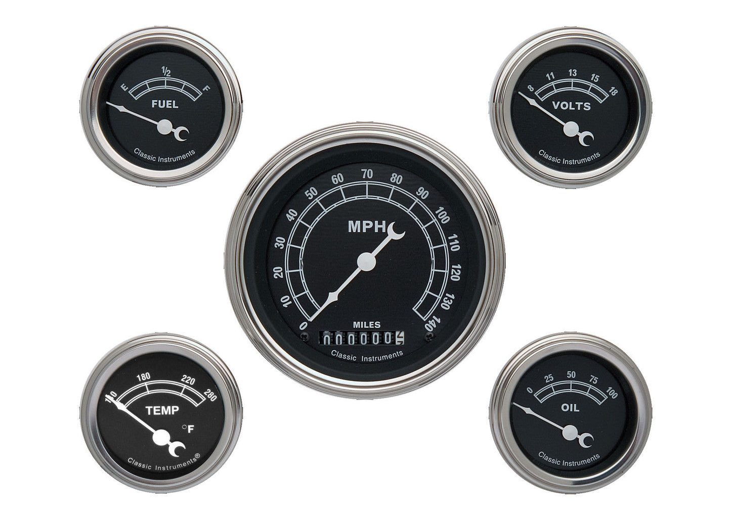 Classic Instruments | CITR00SLF | Traditional - 5 Gauge Set 3-3/8" Speedo, 2-1/18" Fuel, Oil, Temp, Volts
