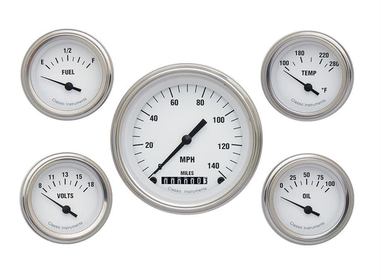 CLASSIC INSTRUMENTS WHITE HOT - 5 Gauge Set 3-3/8" Speedo, 2-1/18" Fuel, Oil, Temp, Volts