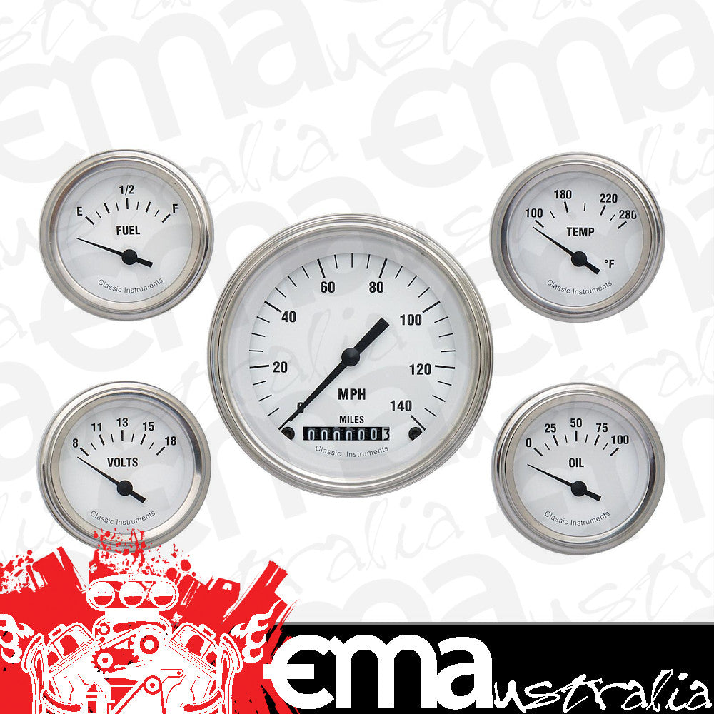 CLASSIC INSTRUMENTS WHITE HOT - 5 Gauge Set 3-3/8" Speedo, 2-1/18" Fuel, Oil, Temp, Volts