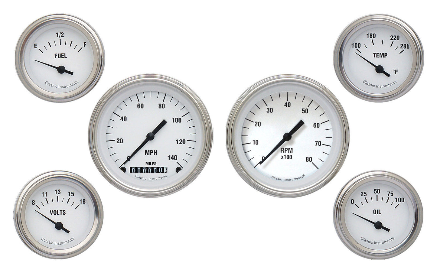 Classic Instruments CIWH01SLF White Hot - 6 Gauge Set 3-3/8" Speedo & Tacho, 2-1/18" Fuel, Oil, Temp, Volts