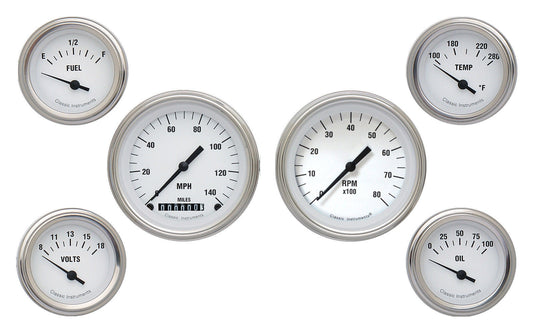 Classic Instruments CIWH01SLF White Hot - 6 Gauge Set 3-3/8" Speedo & Tacho, 2-1/18" Fuel, Oil, Temp, Volts
