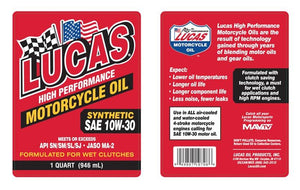 Lucas Oils LUS-10708 Synthetic SAE 10W-30 Motorcycle Oil 1 Quart