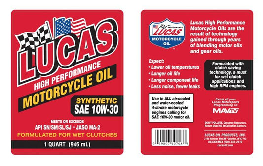 Lucas Oils LUS-10708 Synthetic SAE 10W-30 Motorcycle Oil 1 Quart