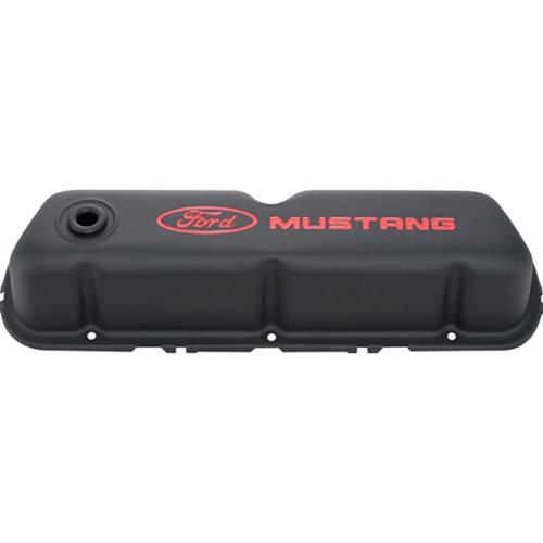 Ford Racing FMS-302-101 Ford Mustang' Stamped Steel Valve Covers Black Crinkle Red Recessed Emblems.