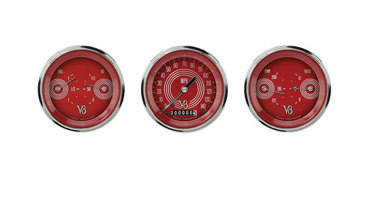 Classic Instruments V8RS04SHC V8 Red Steelie - 3 Gauge Set 3-3/8" Speedo & 2x Dual