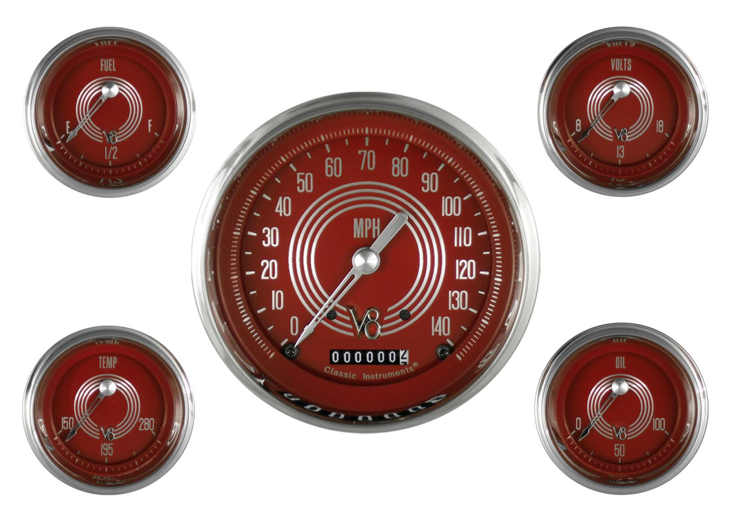 Classic Instruments V8RS54SLC V8 Red Steelie 4 - 5/8" Speedo, 2-1/8" Fuel, Oil,