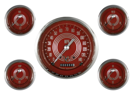 Classic Instruments V8RS54SLC V8 Red Steelie 4 - 5/8" Speedo, 2-1/8" Fuel, Oil,