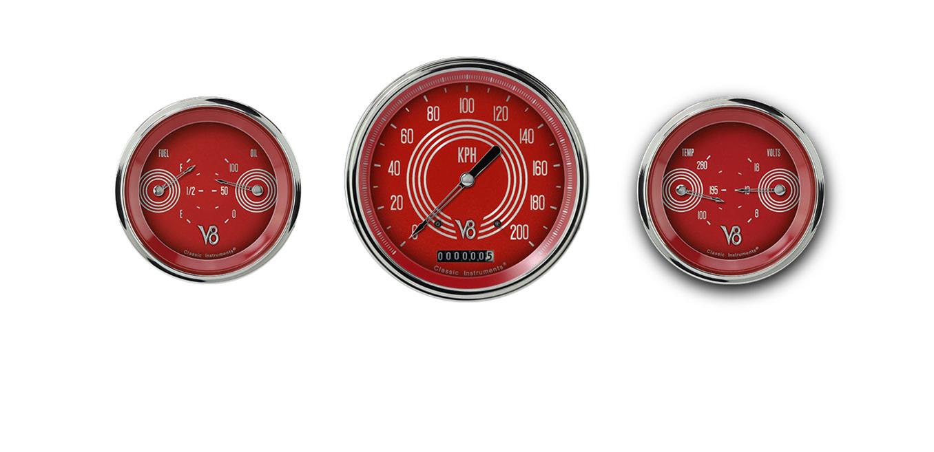 Classic Instruments V8RS64SLC V8 Red Steelie - 3 Gauge Set 4-5/8" Speedo & 2x 3-3/8" Duals
