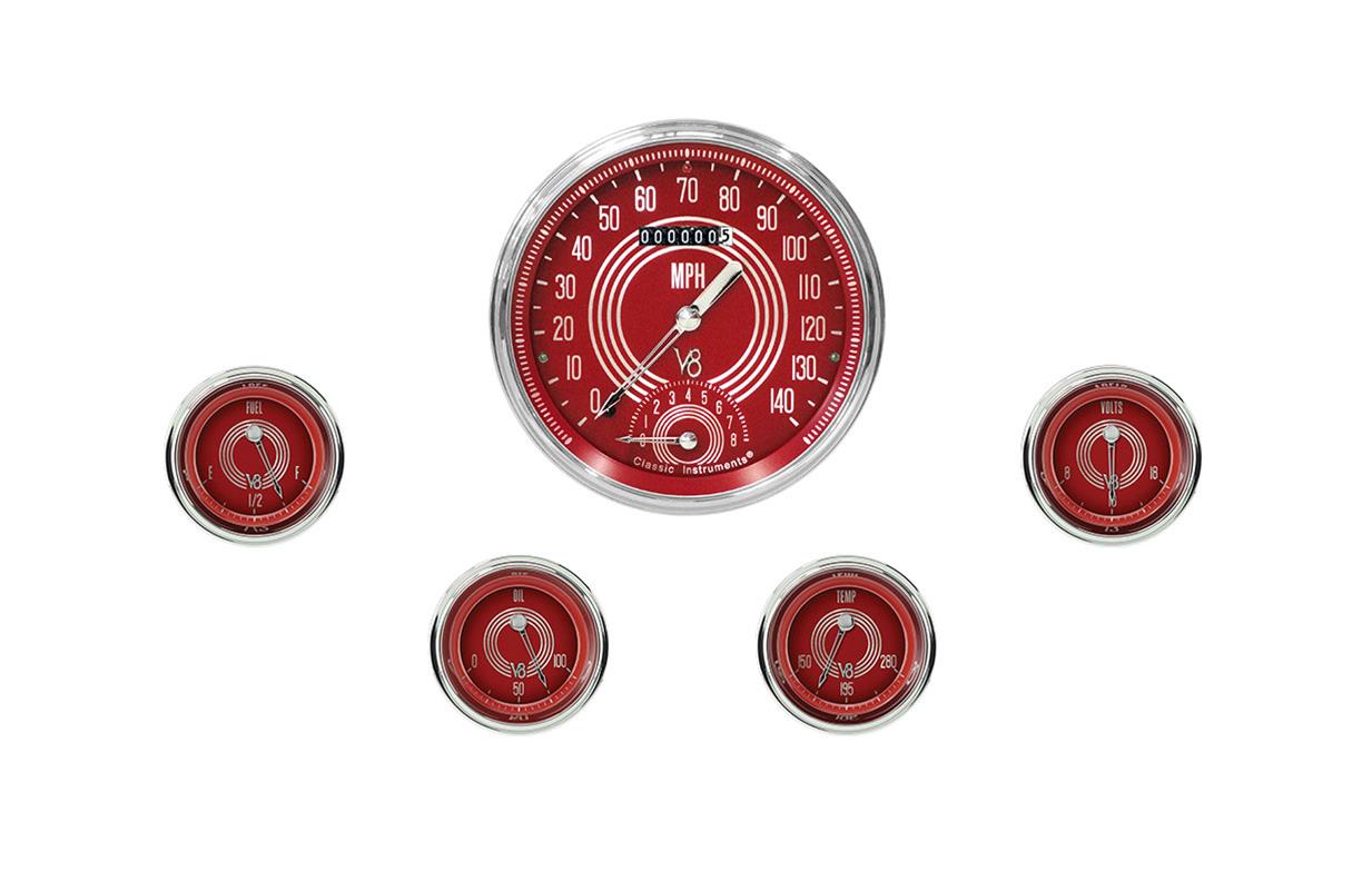 Classic Instruments V8RS65SLC V8 Red Steelie - 5 Gauge Set 4-5/8" Speedtachular & 2-1/8" Fuel, Oil, Temp, Volts