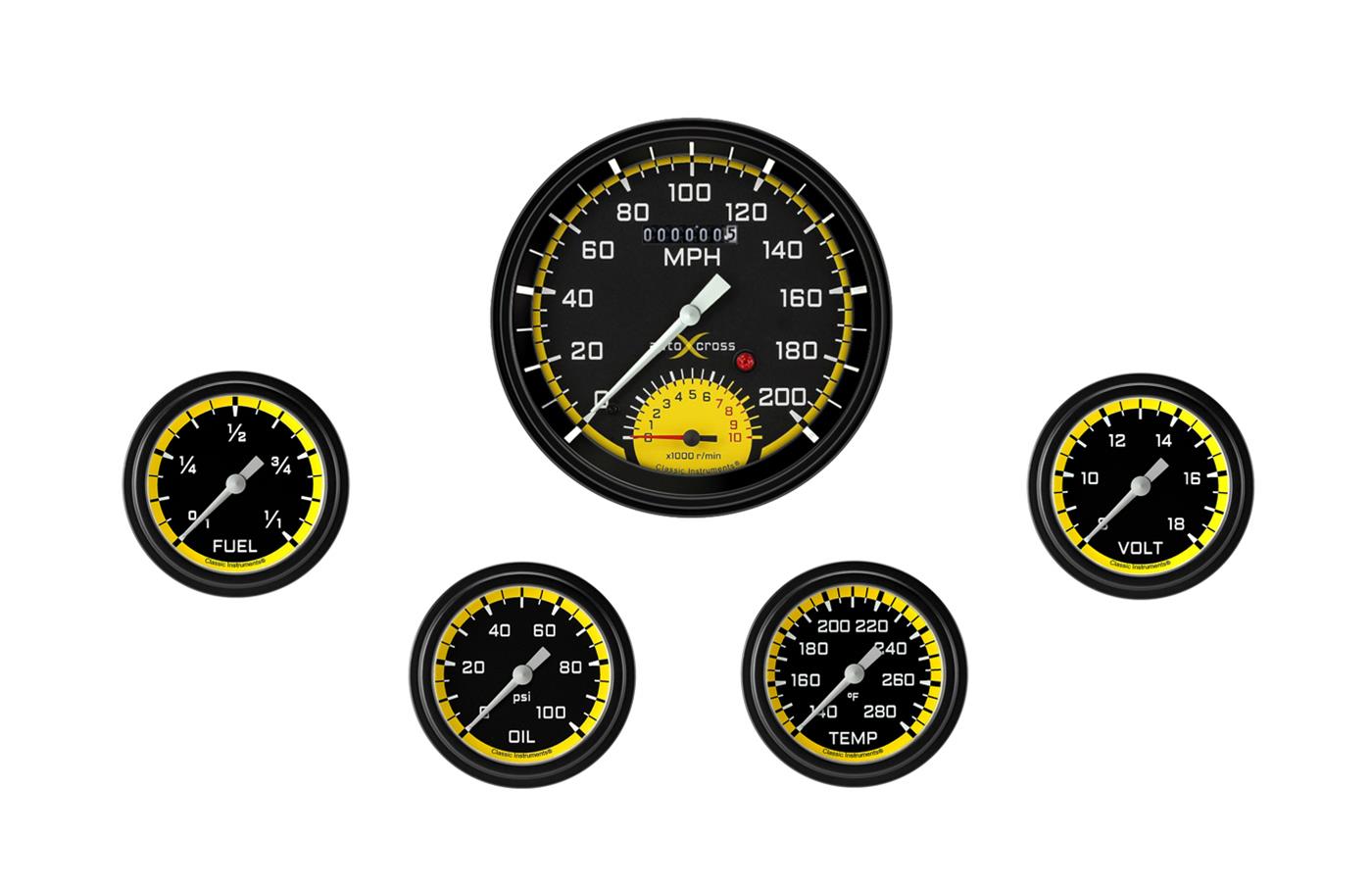 Classic Instruments AX365YBLF AutoCross Yellow Five Gauge Set 365