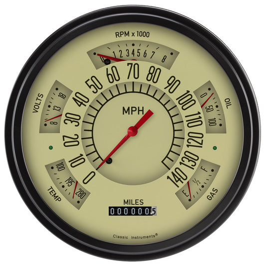 Classic Instruments SX01TBLF Tan - 6 Gauge Set 3-3/8" Speedo & Tacho, 2-1/18" Fuel, Oil, Temp, Volts