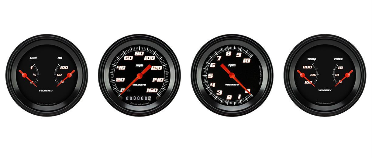 Classic Instruments VS05BBLF Velocity Black - 4 Gauge Set 3-3/8" Speedo, Tacho & 2x Dual
