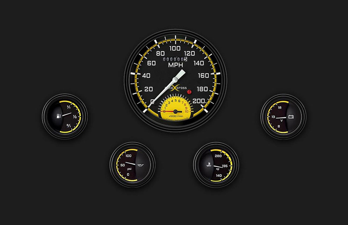 Classic Instruments AX65YBLF Autocross Yellow - 5 Gauge Set 4-5/8" Speedtachular & 2-1/8" Fuel, Oil, Temp, Volts